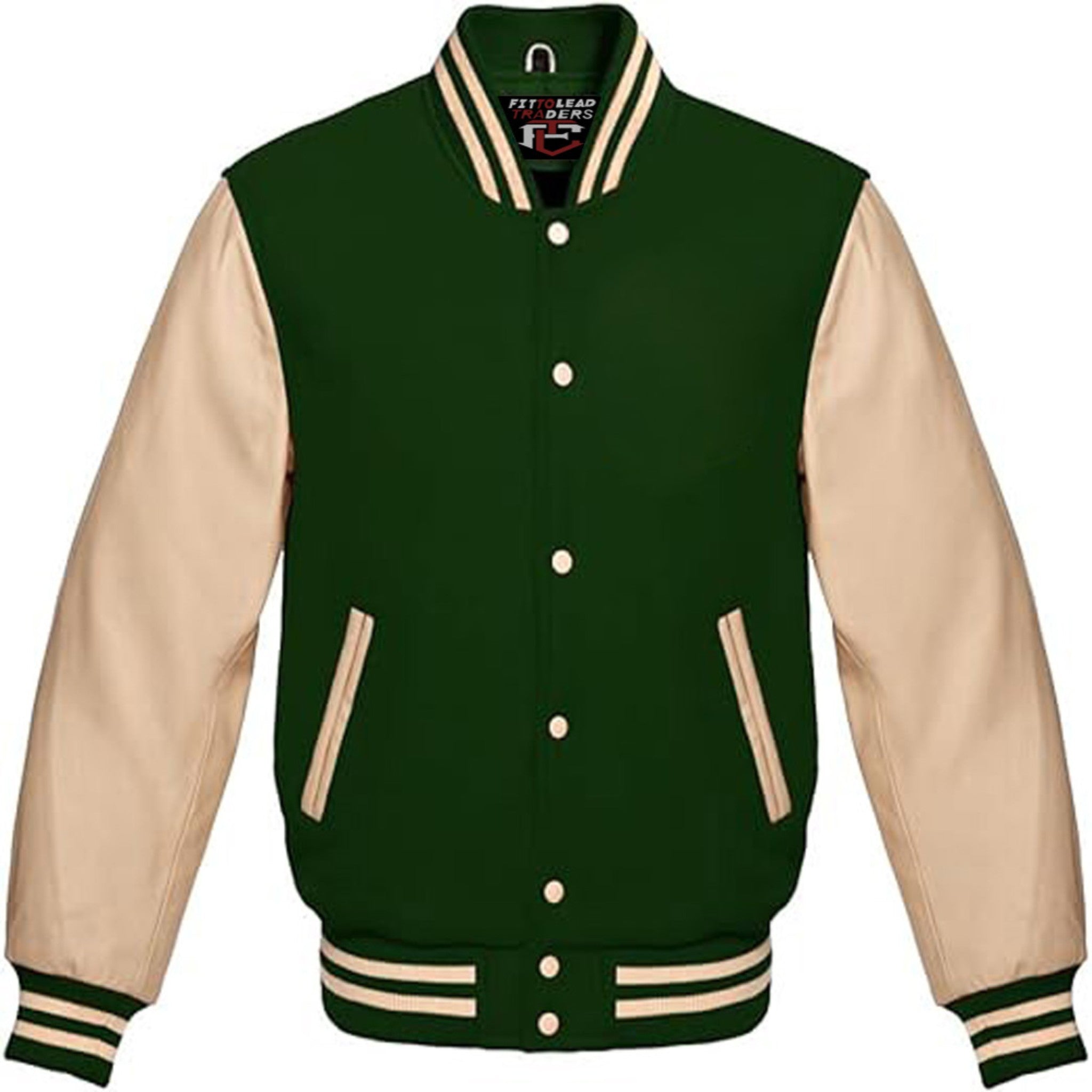 Classic Wool Varsity Jacket with Cream Leather Sleeves
