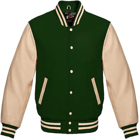 Classic Wool Varsity Jacket with Cream Leather Sleeves
