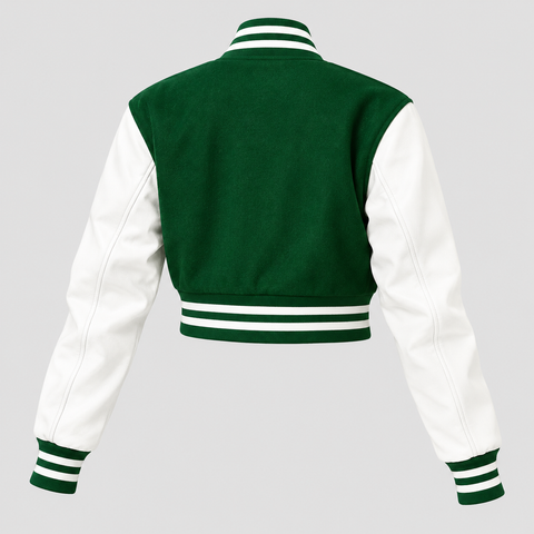 Kelly Green Crop Top Varsity Jacket with White Sleeves