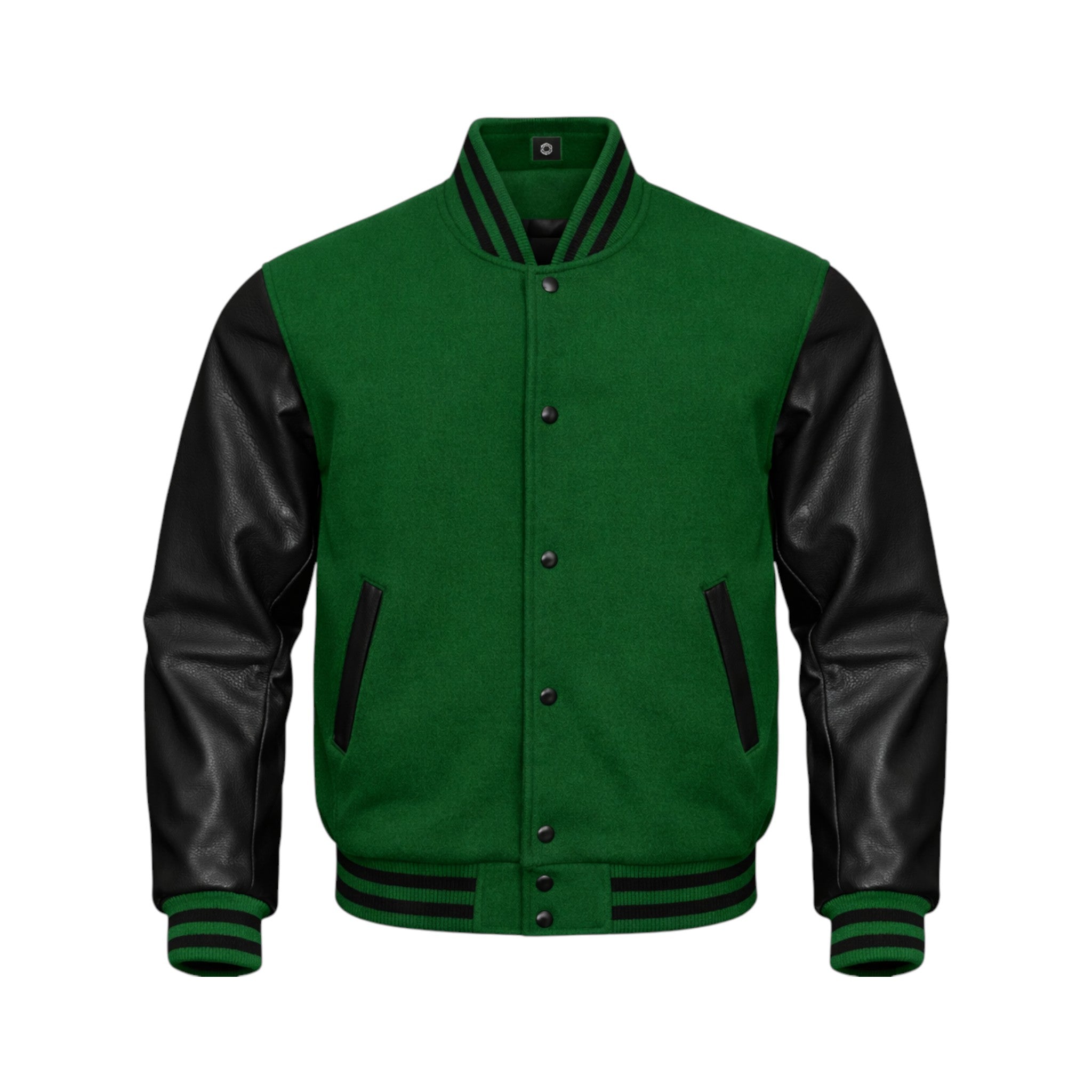 A Forest Green and black varsity jacket with a green wool body, black leather-look sleeves, and black striped ribbing on the collar, cuffs, and hem, shown against a plain white background.