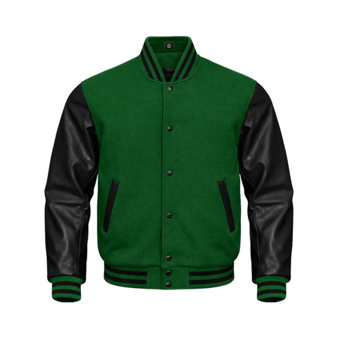 A Forest Green and black varsity jacket with a green wool body, black leather-look sleeves, and black striped ribbing on the collar, cuffs, and hem, shown against a plain white background.