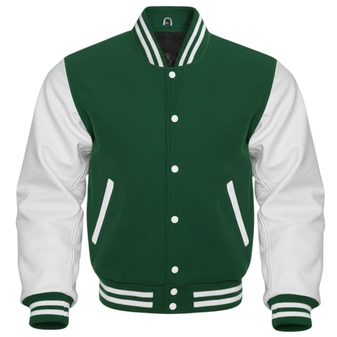 Forest Green and white varsity jacket on a white background