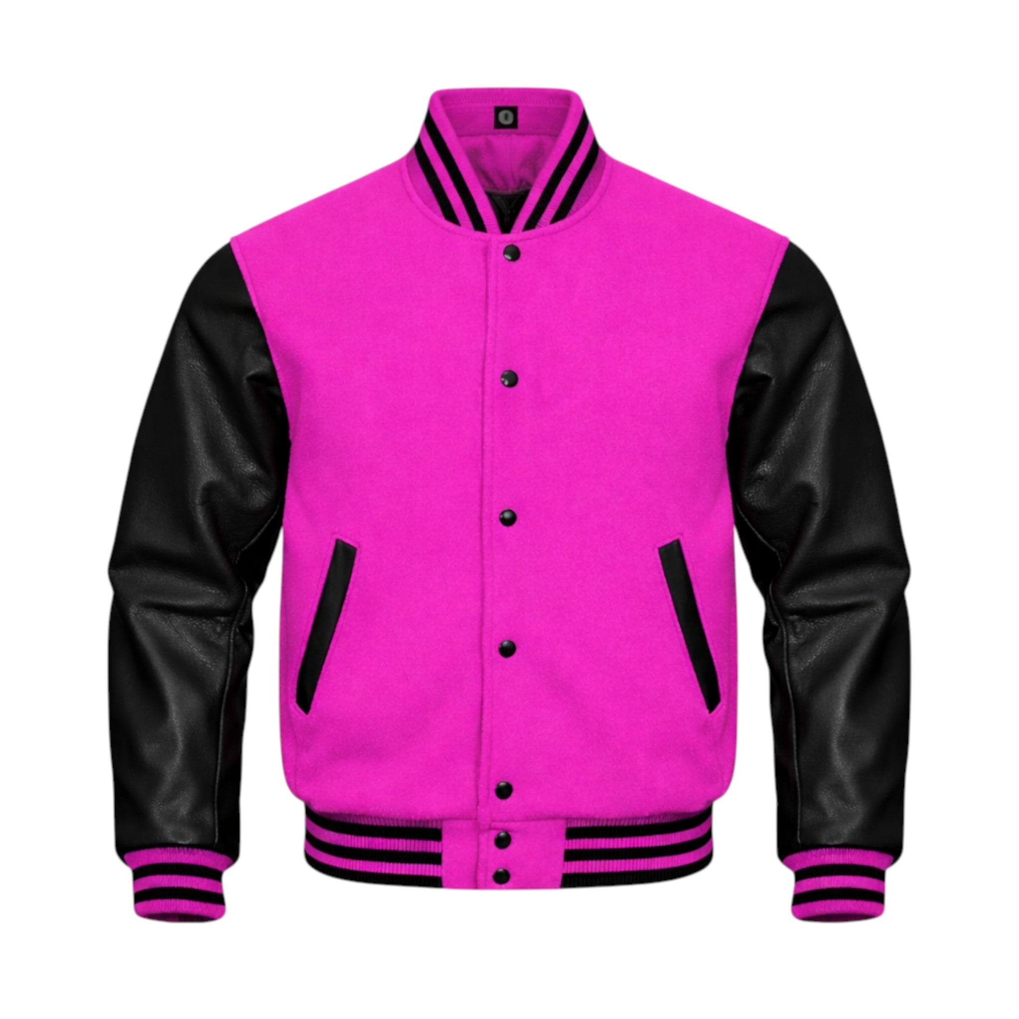 A varsity-style jacket with a Fuchsia body and white sleeves, featuring white buttons, white striped ribbing, and white diagonal chest accents, shown on a plain white background.