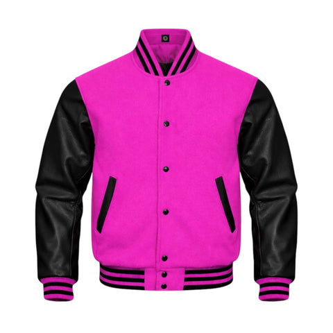 A varsity-style jacket with a Fuchsia body and white sleeves, featuring white buttons, white striped ribbing, and white diagonal chest accents, shown on a plain white background.
