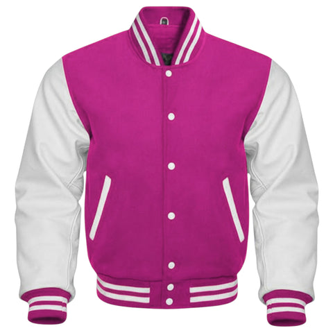 Fuchsia and white varsity jacket on a white background