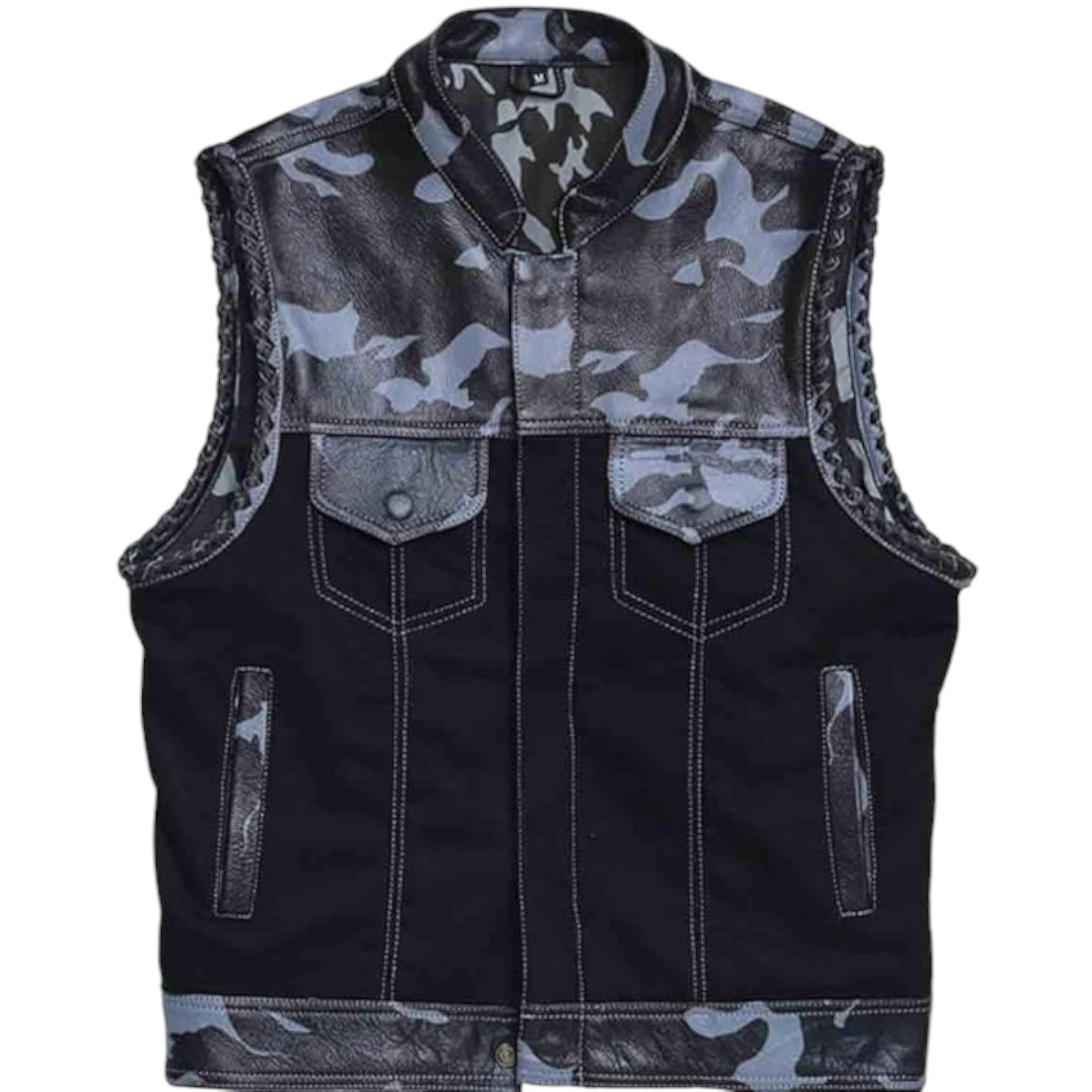 A sleeveless denim vest with a gray and black camouflage pattern on the shoulders, collar, and hem, and solid black denim on the body with contrast white stitching.