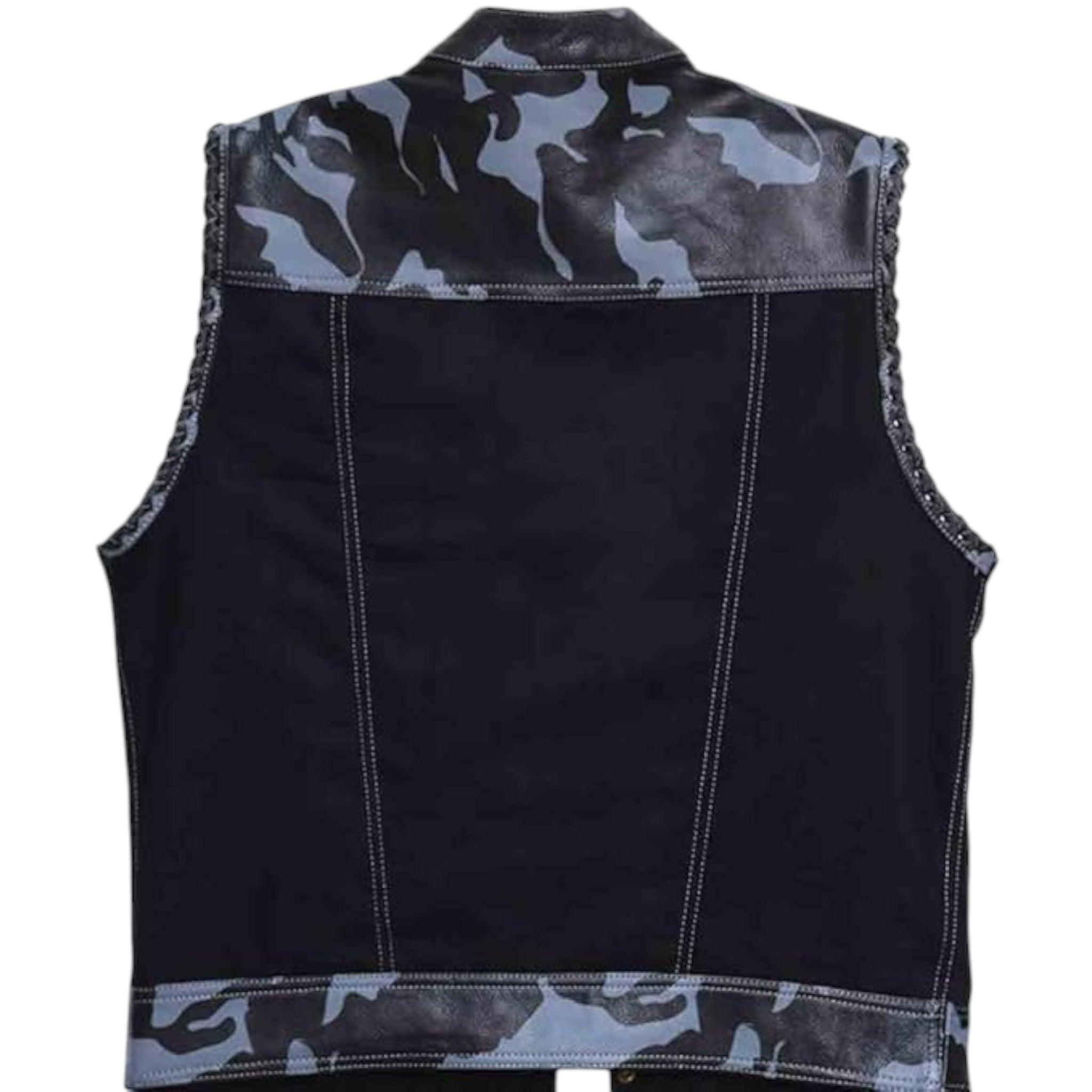 Black denim vest with gray and black camouflage pattern panels on the shoulders, collar, and hem, shown from the back on a white background.