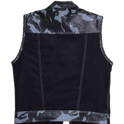 Black denim vest with gray and black camouflage pattern panels on the shoulders, collar, and hem, shown from the back on a white background.