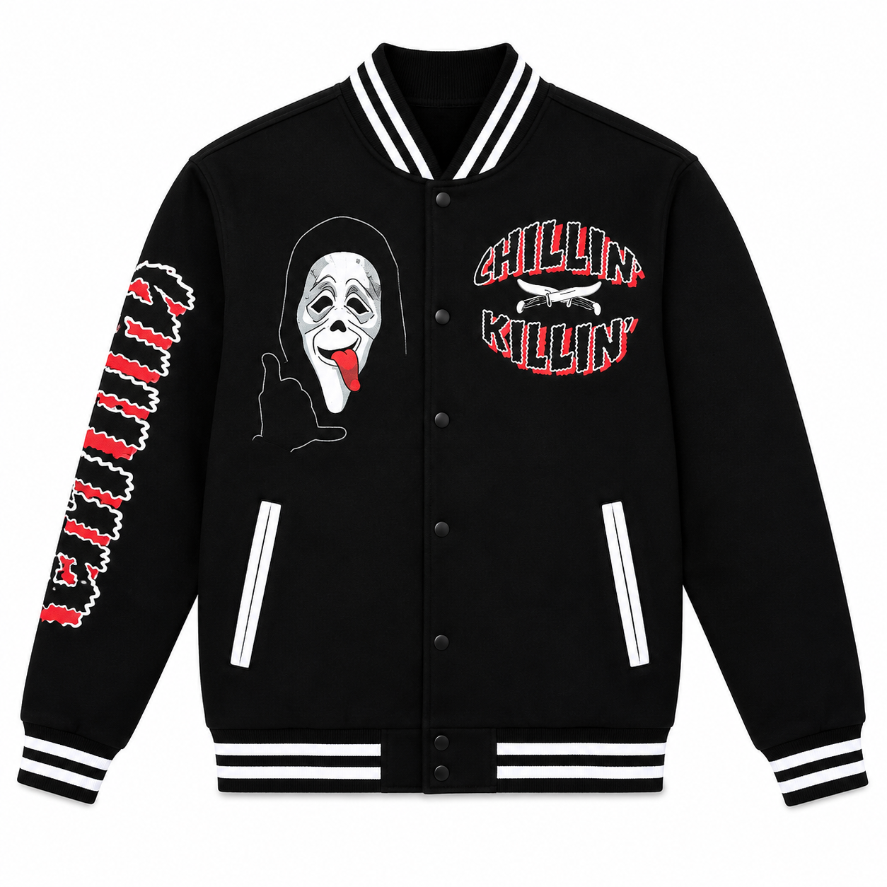 A black varsity-style jacket featuring the 'Chillin' Killin'' graphic from the Scream franchise, with a Ghostface print on the left chest and red-and-white striped lettering down the right sleeve.