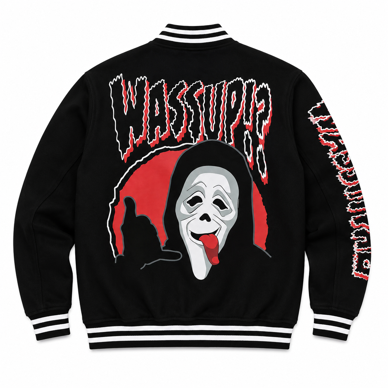 Black varsity-style jacket shown from the back with a large graphic print featuring a Ghostface mask, red and white text, and striped ribbed collar, cuffs, and hem.