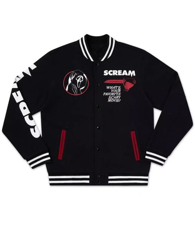 A black varsity-style bomber jacket featuring horror-themed graphics, including a circular Ghostface logo on the left chest, the word 'SCREAM' with a red knife graphic on the right chest, and 'SPOILERS' printed vertically in white on the right sleeve. The jacket has white and black striped ribbed collar, cuffs, and hem, with red pocket accents.