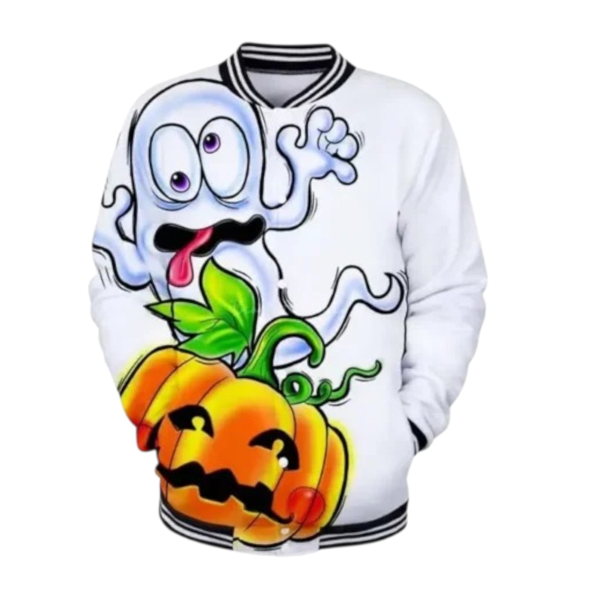 Sweatshirt with a cartoon ghost and pumpkin design on a white background