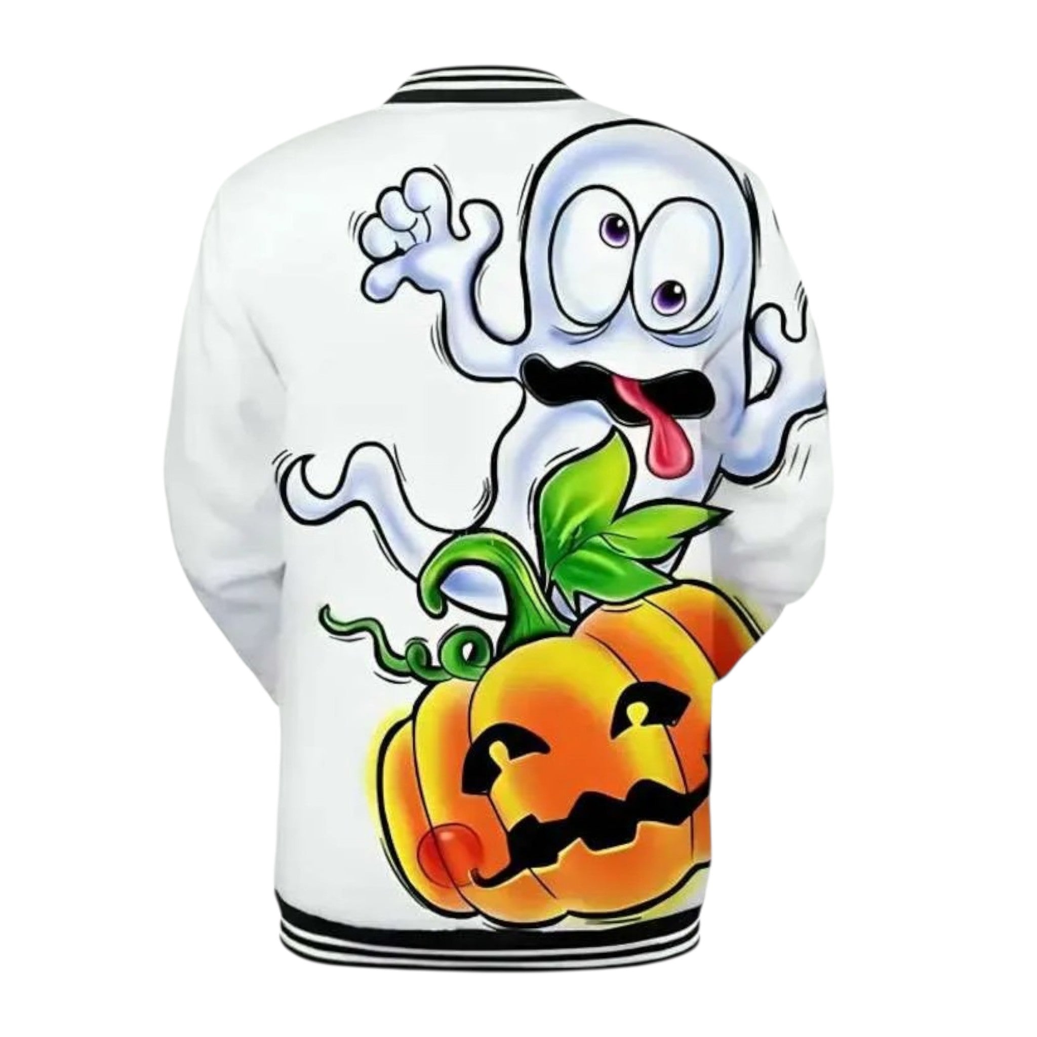 White sweatshirt with a cartoon ghost and pumpkin design on a white background