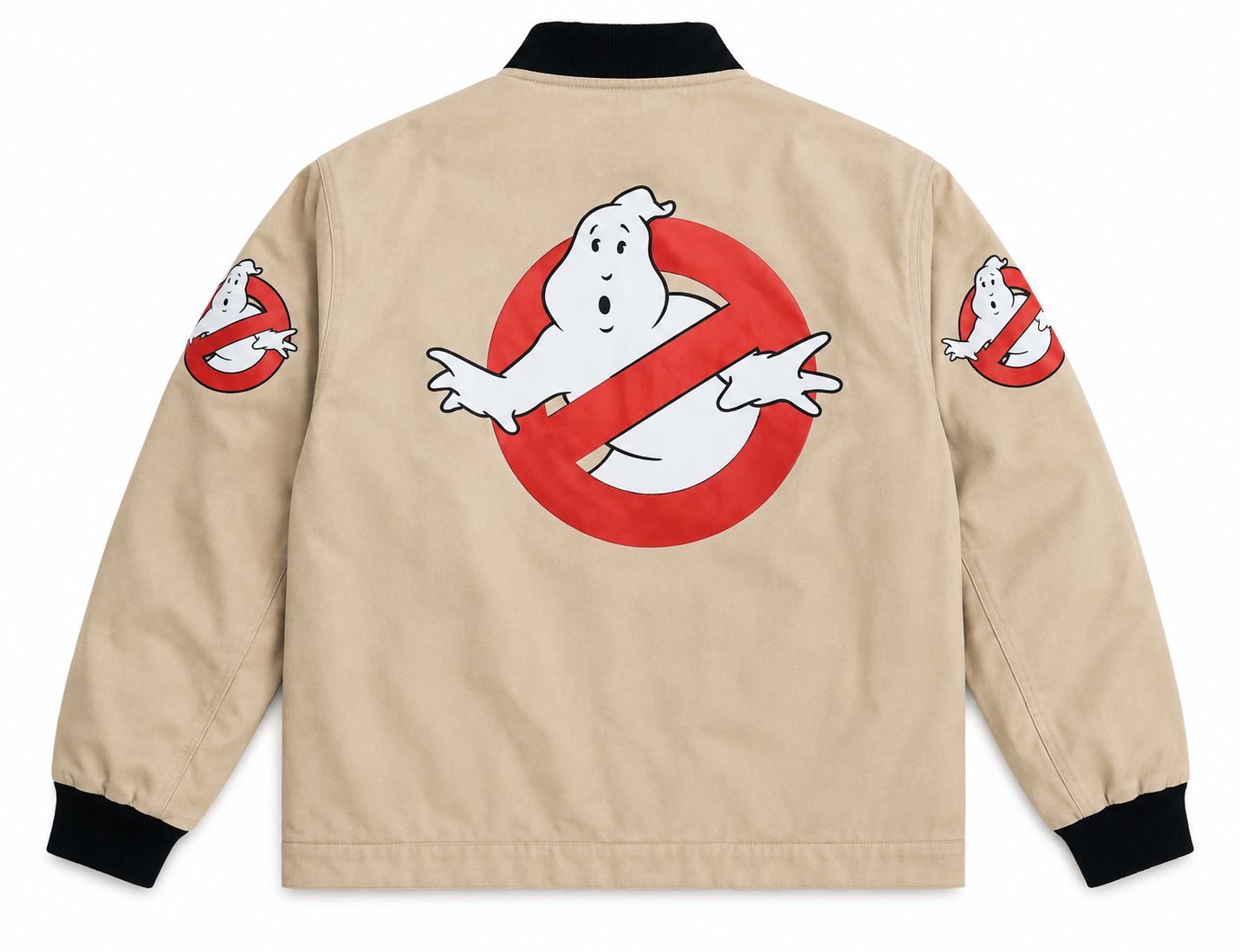 A beige bomber jacket shown from the back, featuring a large Ghostbusters logo on the center back and smaller matching logos on both sleeves. The jacket has black ribbed collar, cuffs, and hem, and is photographed on a clean white background.