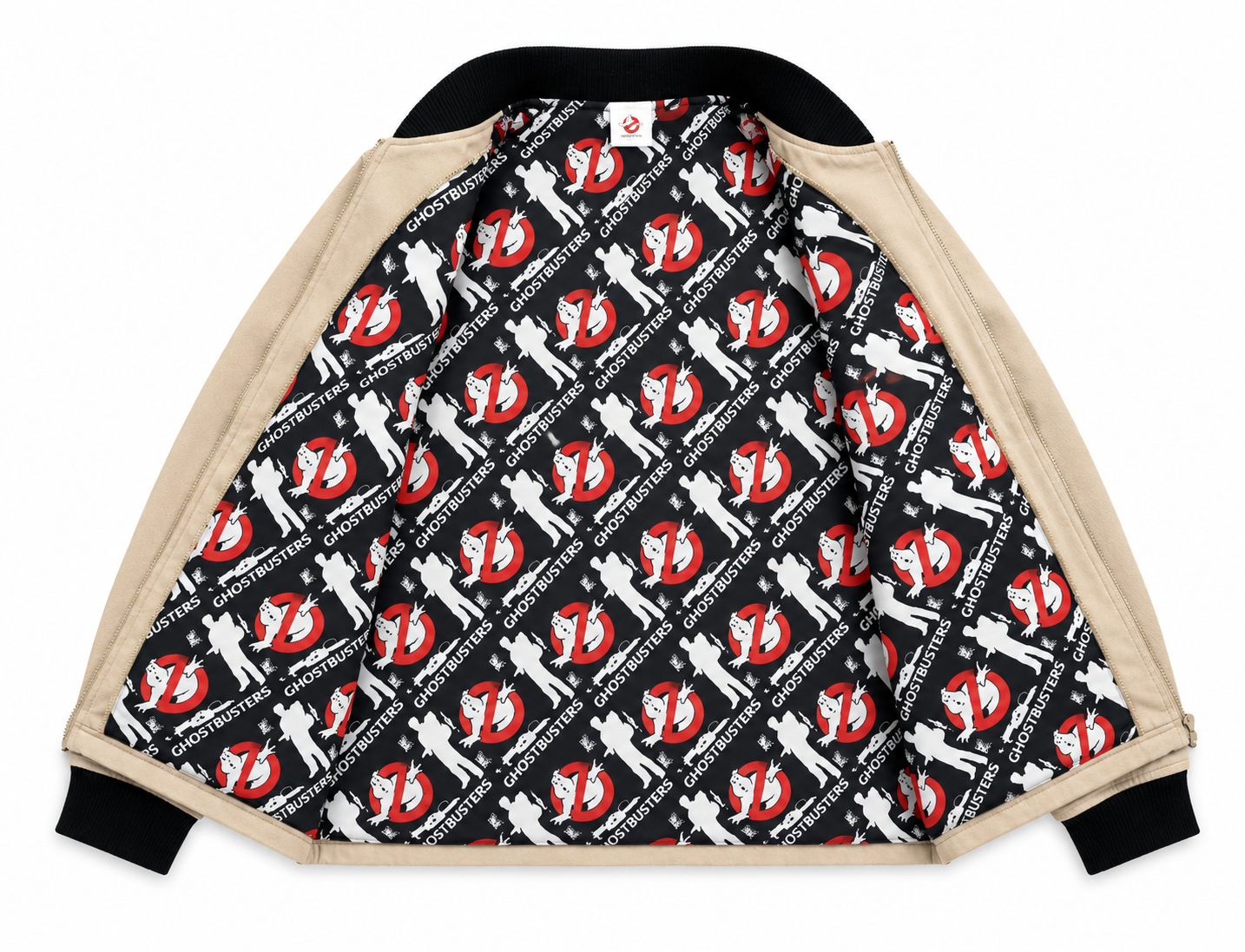 A Ghostbusters-themed jacket shown open to display its interior lining, which features a black background with a repeating pattern of the Ghostbusters logo in red and white, and the word 'GHOSTBUSTERS' printed repeatedly. The sleeves and collar are beige with black ribbed trim.