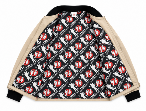 A Ghostbusters-themed jacket shown open to display its interior lining, which features a black background with a repeating pattern of the Ghostbusters logo in red and white, and the word 'GHOSTBUSTERS' printed repeatedly. The sleeves and collar are beige with black ribbed trim.