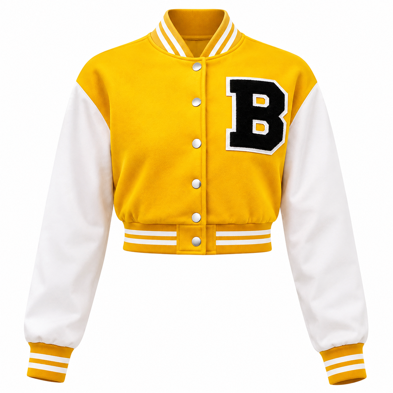 A cropped varsity jacket with a bright yellow body, white sleeves, and a large black letter 'B' with a white outline on the left chest. It features white buttons, a yellow and white striped ribbed collar, hem, and cuffs, shown against a plain white background.