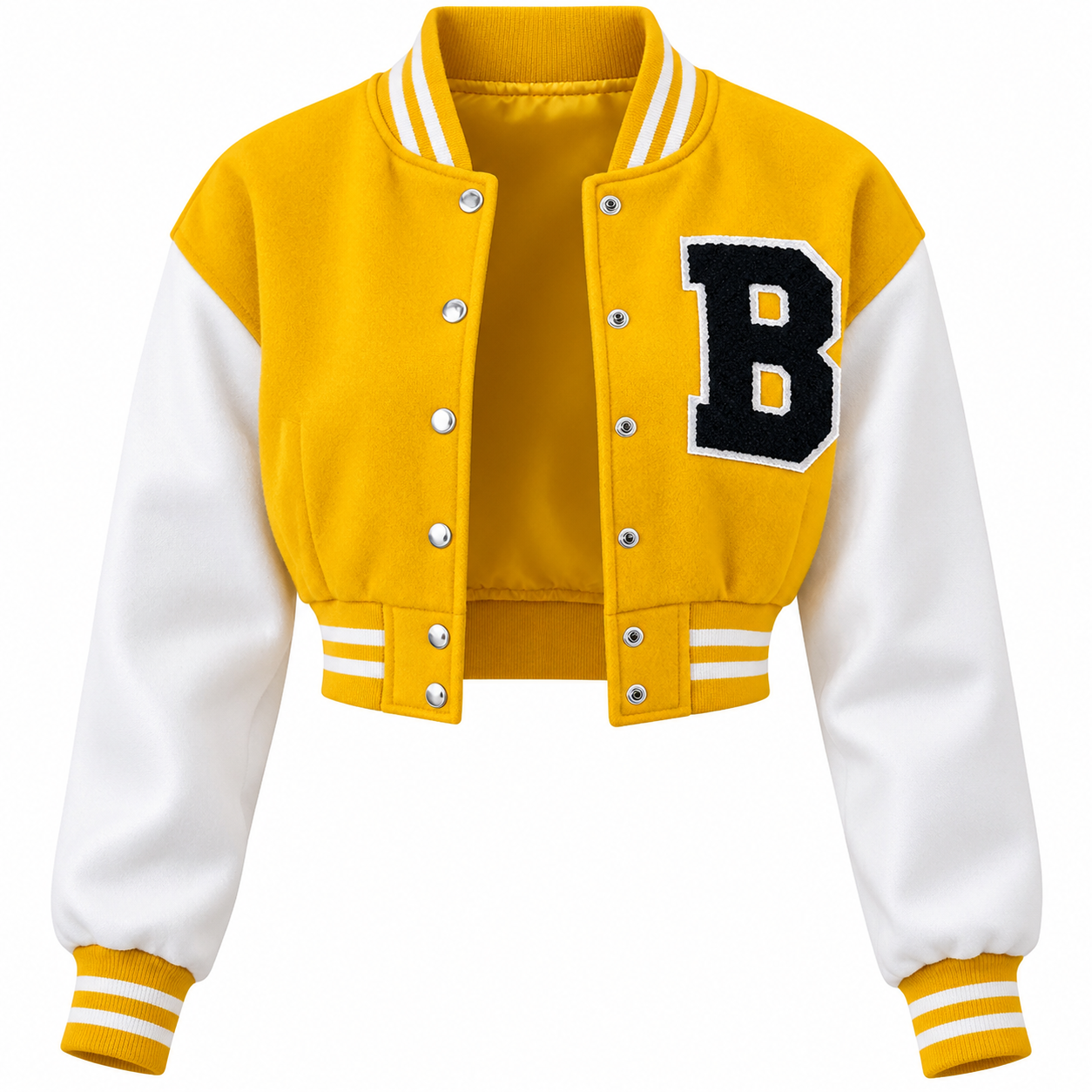 A cropped varsity jacket with a yellow body and white sleeves, featuring a large black letter 'B' patch on the left chest, silver snap buttons, and striped ribbed trim.
