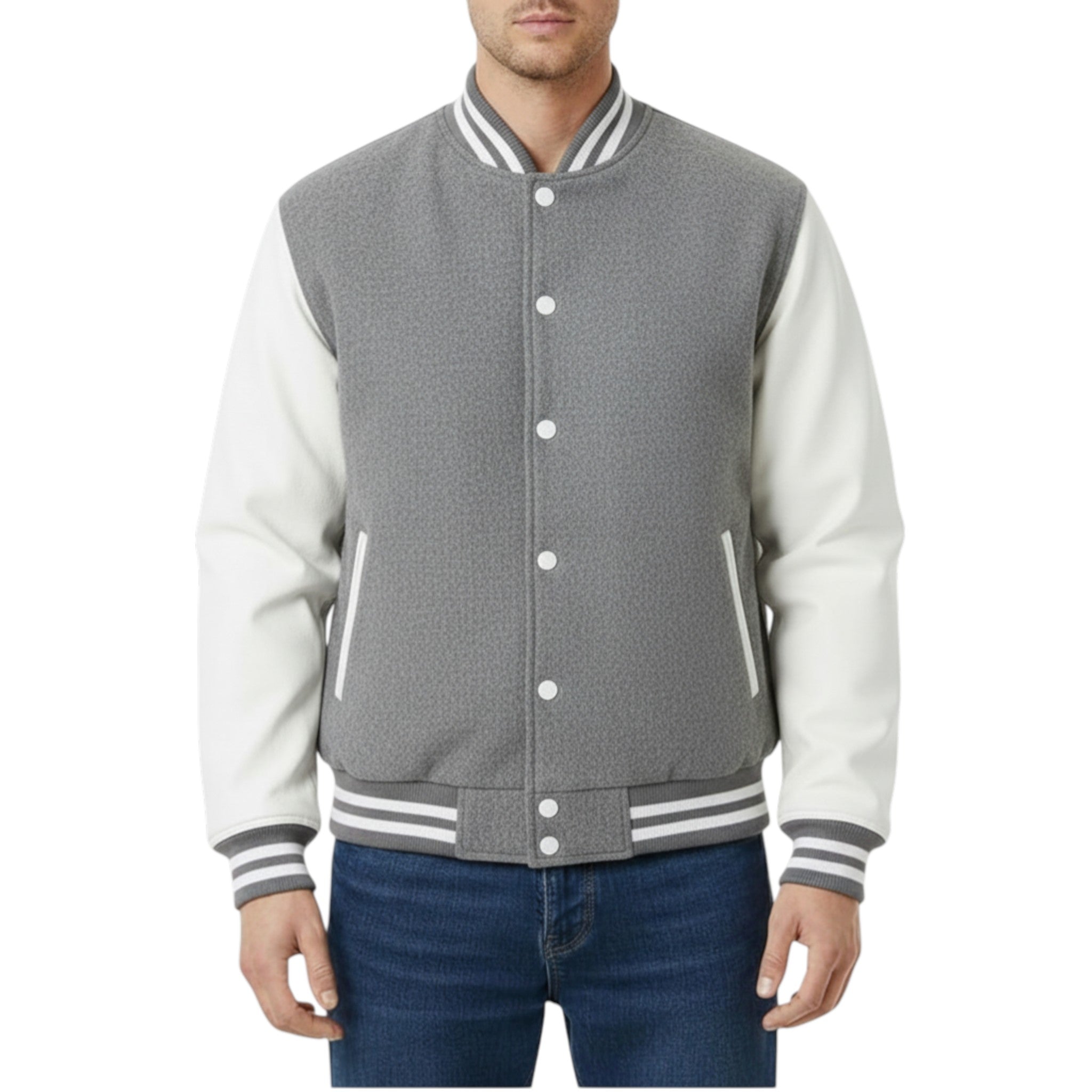 Gray and white varsity jacket worn by a person on a white background