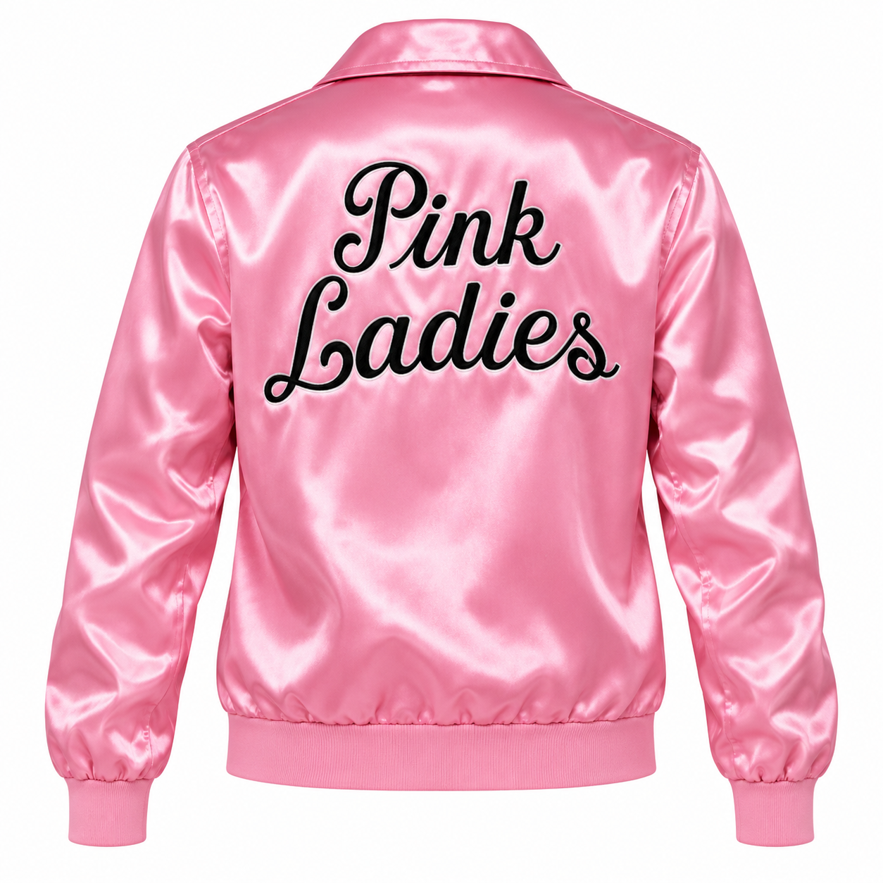 A pink satin bomber jacket shown from the back, featuring the words 'Pink Ladies' embroidered in black script across the upper back.
