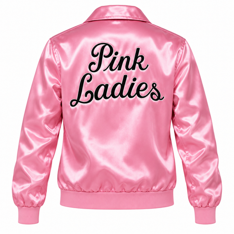 A pink satin bomber jacket shown from the back, featuring the words 'Pink Ladies' embroidered in black script across the upper back.