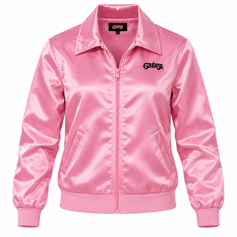 A pink satin zip-up jacket with a collar, ribbed cuffs and hem, featuring a black 'GREAT' logo on the left chest and a black brand label inside the collar, shown on a plain white background.