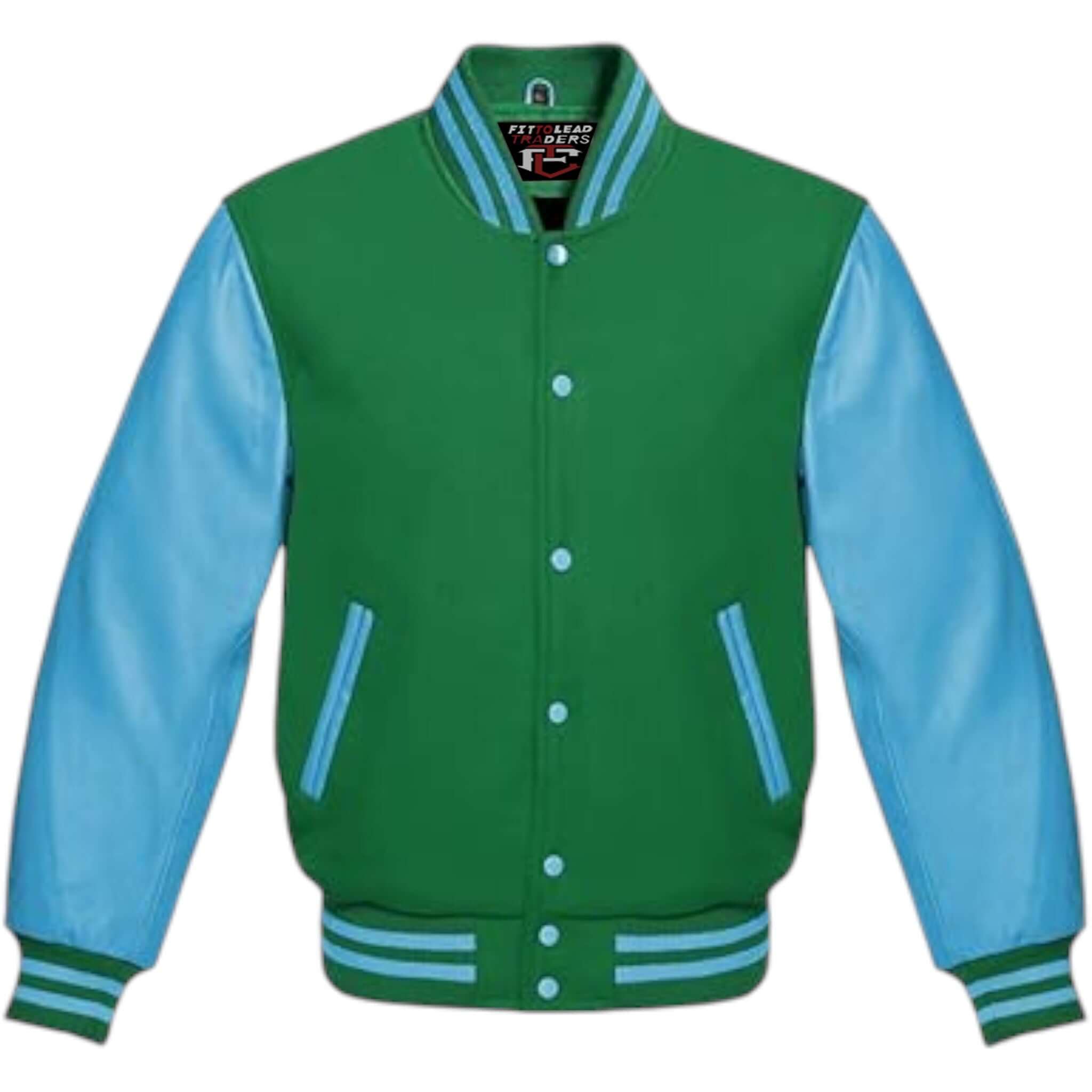 Multicolor Wool Varsity Jacket Genuine Sky Leather Sleeves
