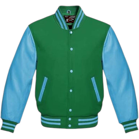 Multicolor Wool Varsity Jacket Genuine Sky Leather Sleeves