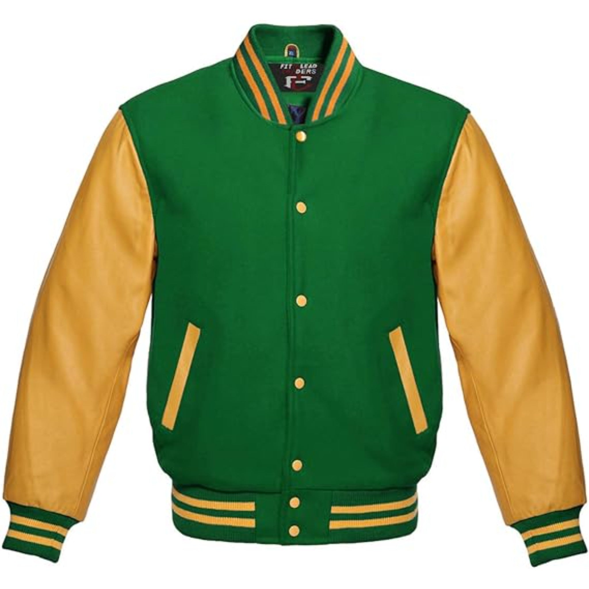 Modern Wool Bomber Jacket Gold Leather Sleeves Stylish Wear