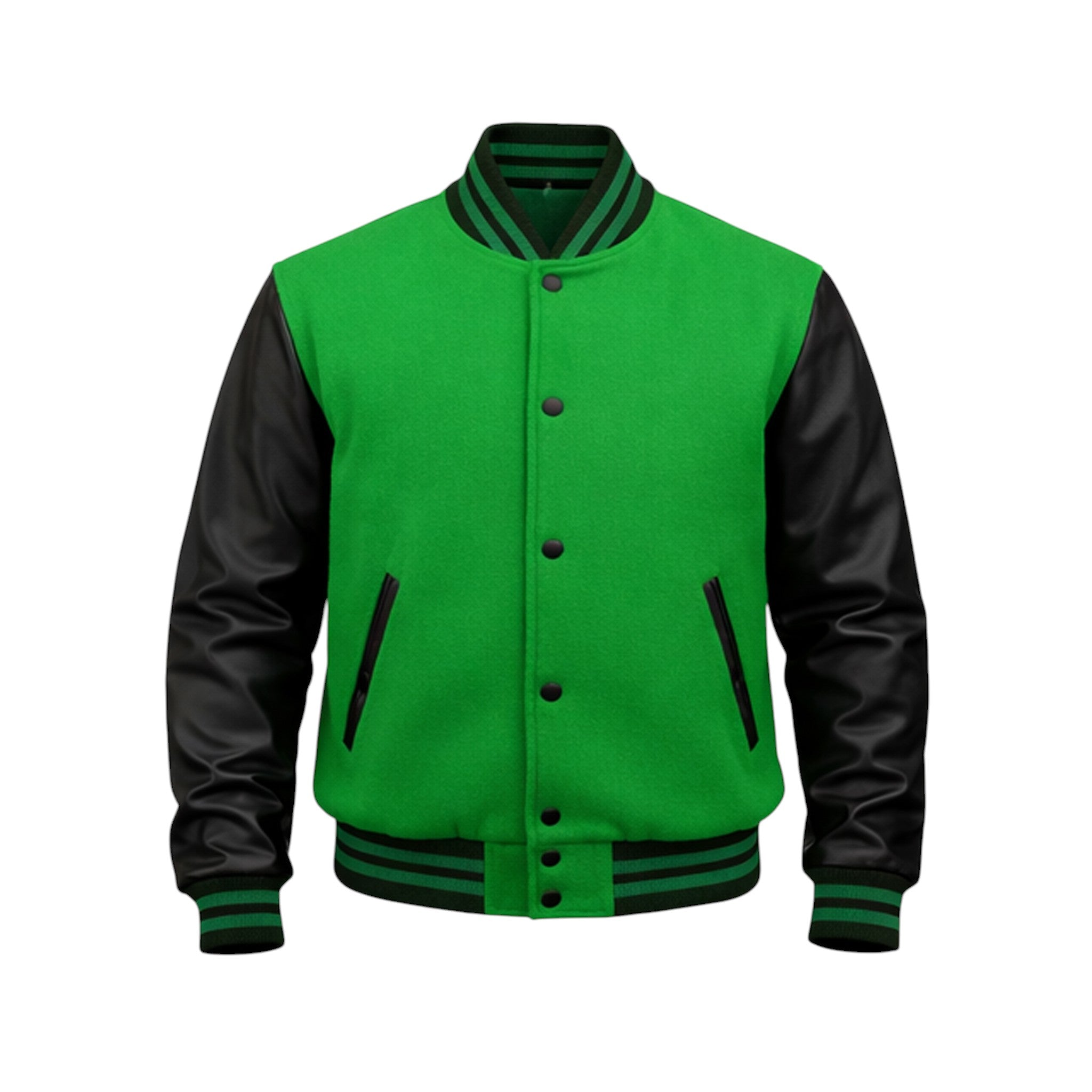 A green and black varsity jacket with a bright green wool body, black leather-look sleeves, and green and black striped ribbed collar, cuffs, and hem, shown on a plain white background.