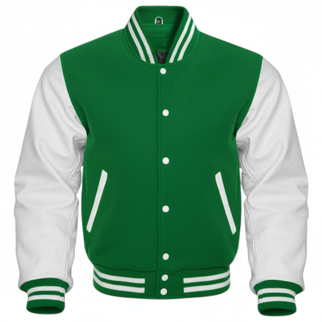 A varsity-style jacket with a Green body and white sleeves, featuring white buttons, striped ribbed collar, cuffs, and hem, and diagonal white welt pockets.