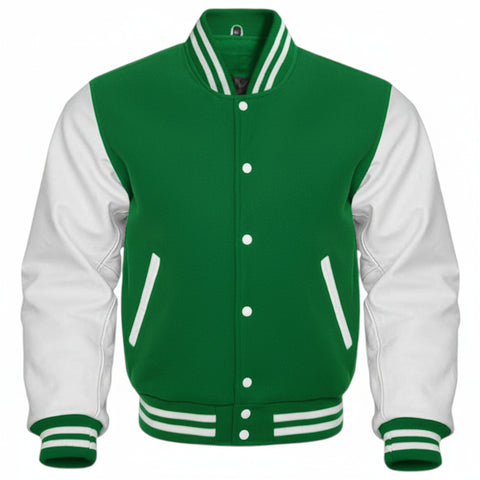 A varsity-style jacket with a Green body and white sleeves, featuring white buttons, striped ribbed collar, cuffs, and hem, and diagonal white welt pockets.