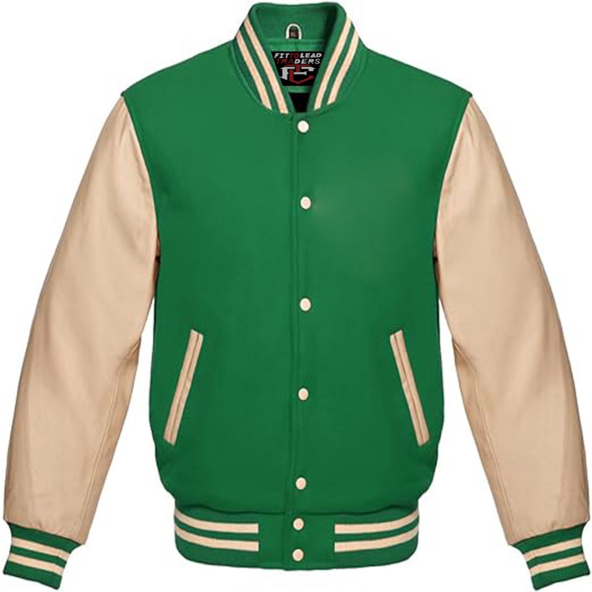 Classic Wool Varsity Jacket with Cream Leather Sleeves