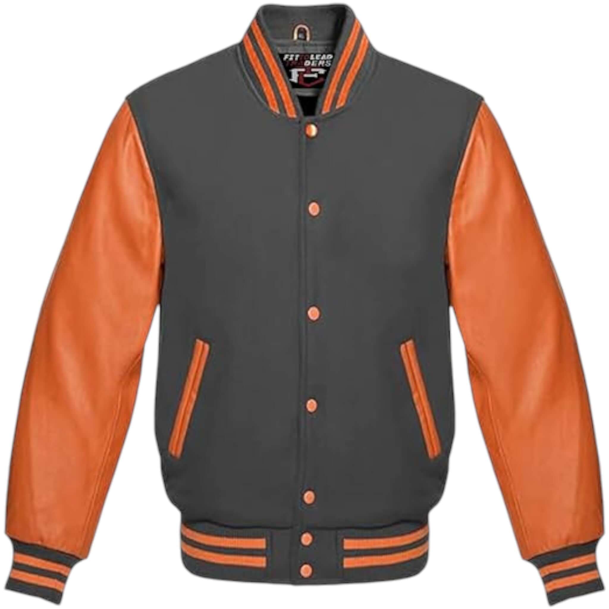 Unisex Varsity Jacket Wool Body with Orange Leather Sleeves