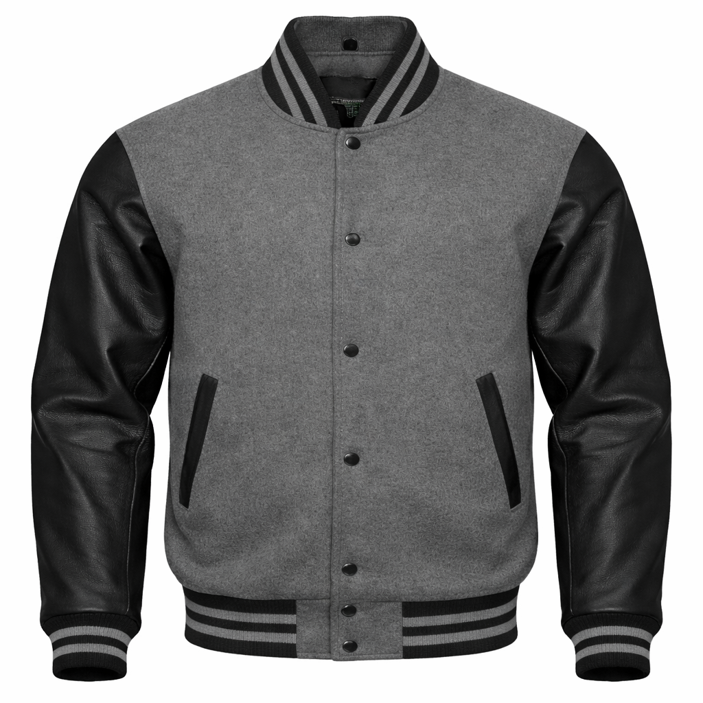 Gray varsity jacket with black sleeves on a white background