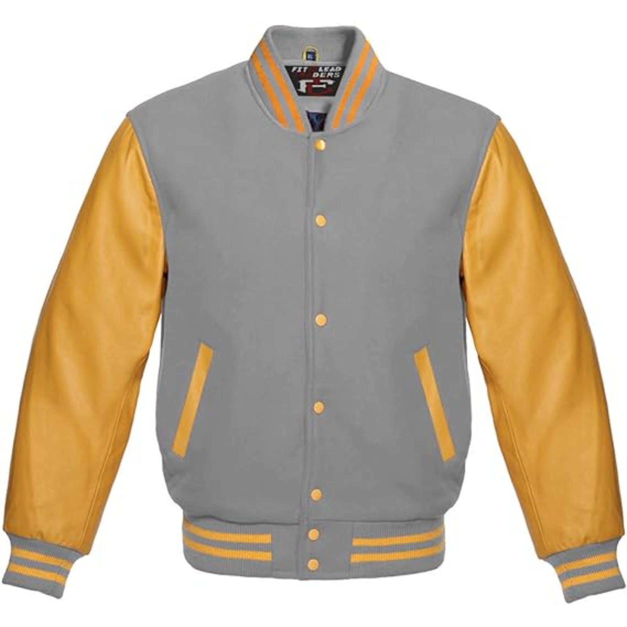 Modern Wool Bomber Jacket Gold Leather Sleeves Stylish Wear