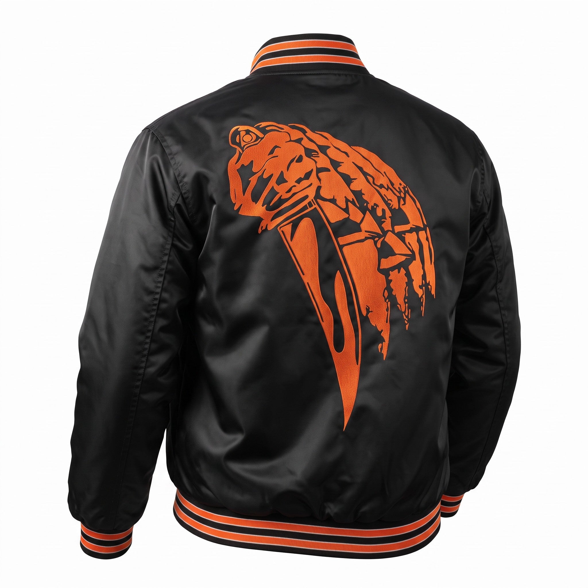 Black satin bomber jacket shown from the back, featuring a large orange graphic of a wolf with a spear on the back and orange and black striped ribbed collar, cuffs, and hem.