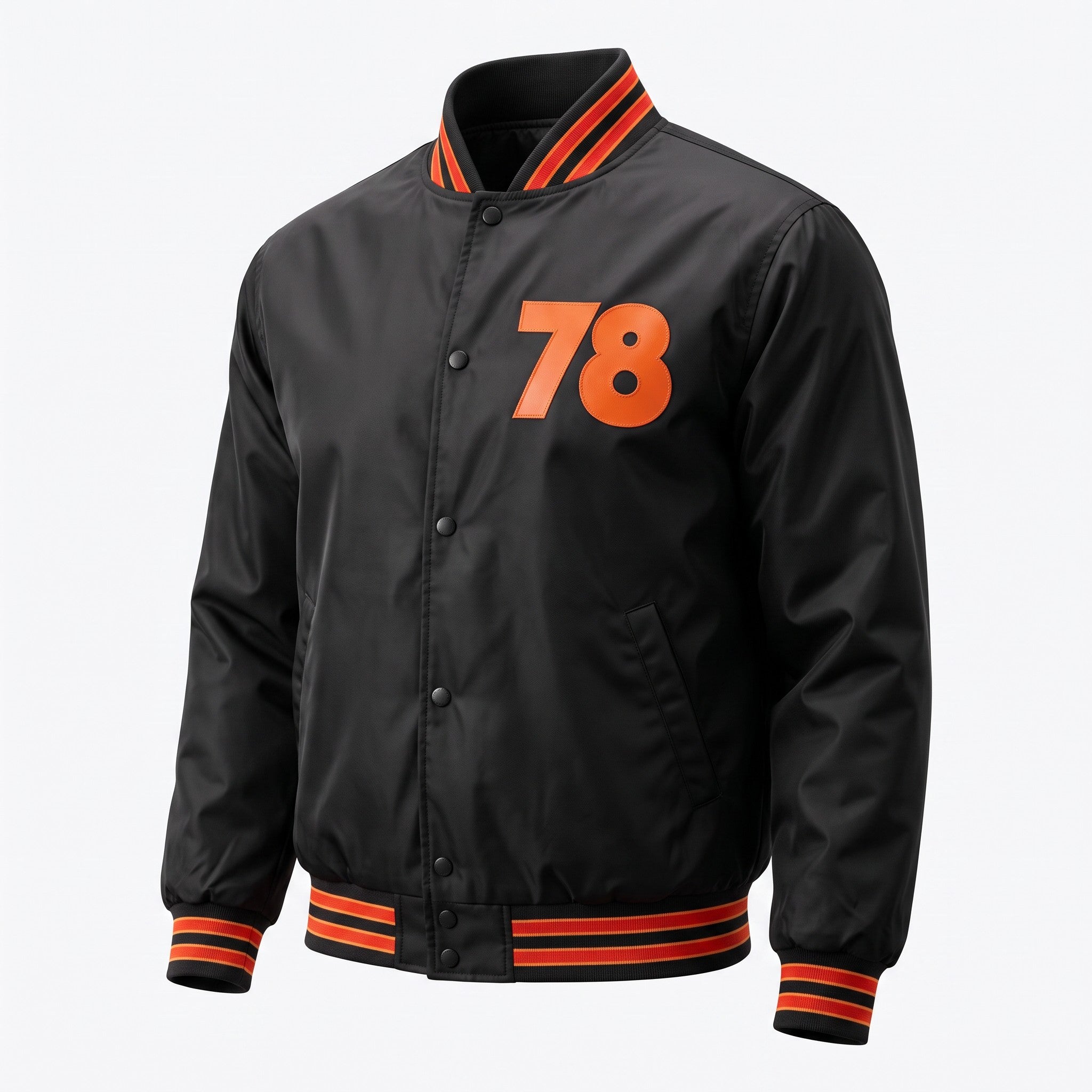 A black varsity-style jacket with orange and red striped ribbed trim and a large orange '78' printed on the chest, shown on a light gray background.