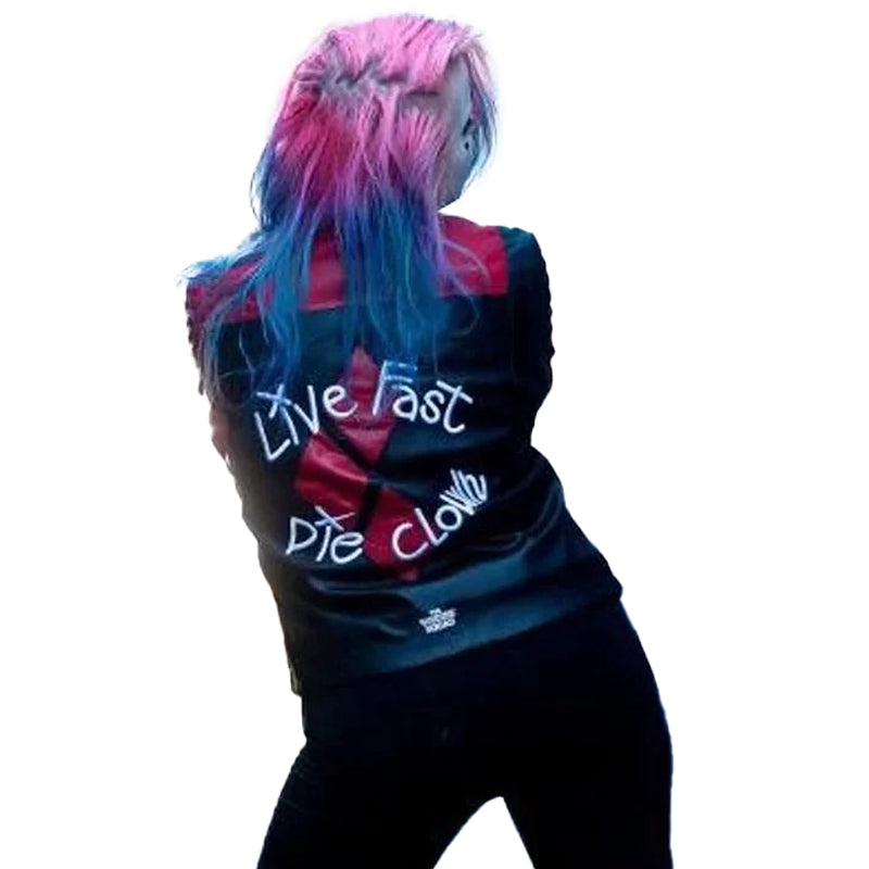 Person wearing a jacket with 'Live Fast Die Slow' text on a white background