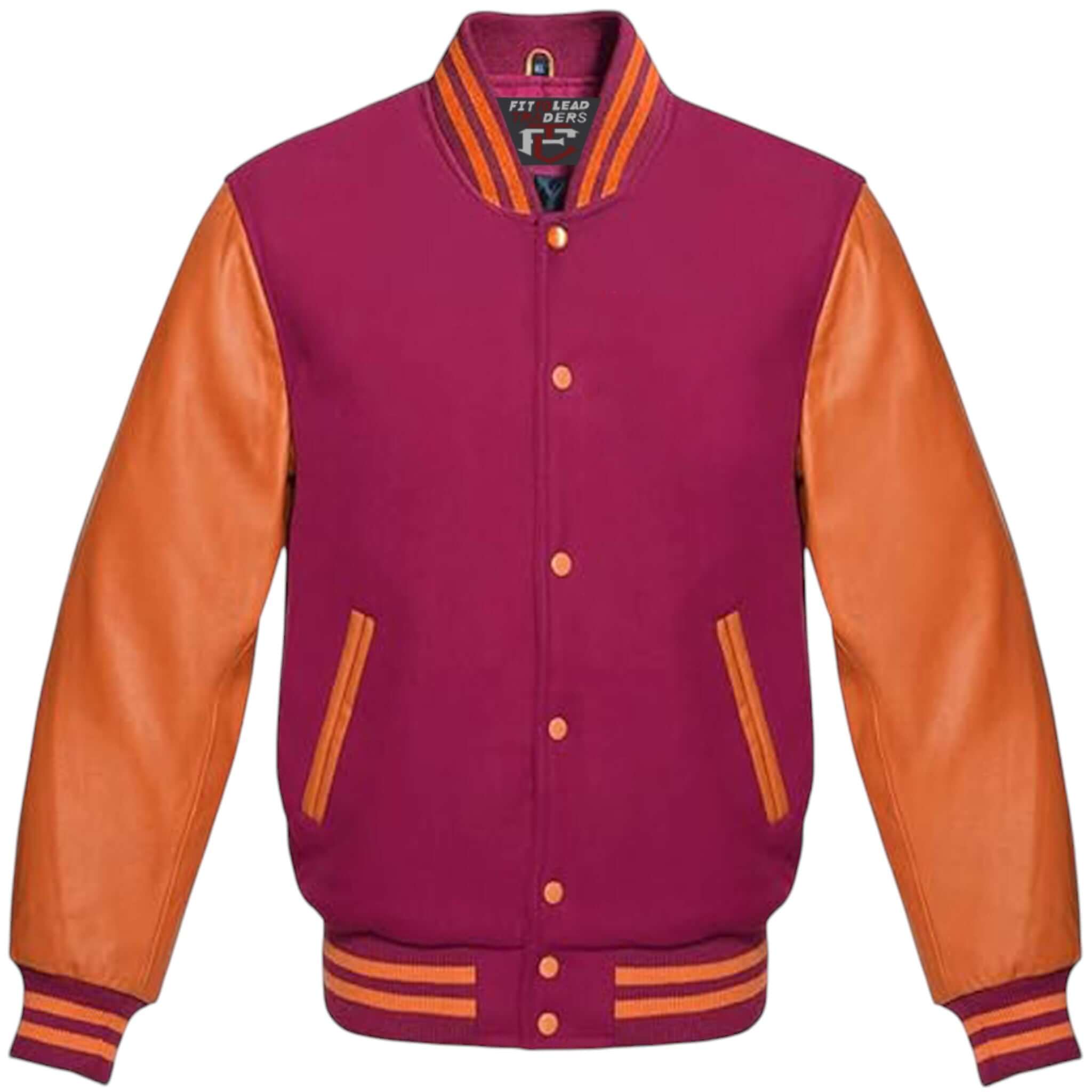 Unisex Varsity Jacket Wool Body with Orange Leather Sleeves