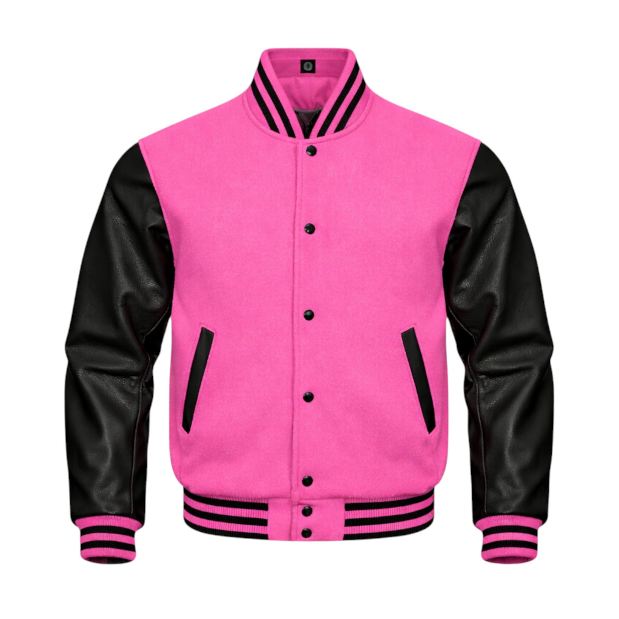 A varsity-style jacket with a Hot Pink body and white sleeves, featuring white buttons, white striped ribbing, and white diagonal chest accents, shown on a plain white background.