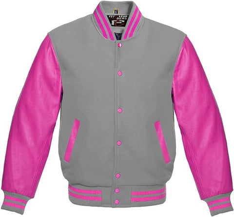 Hot Pink Leather Varsity Baseball Jacket – Premium Wool Blend Unisex