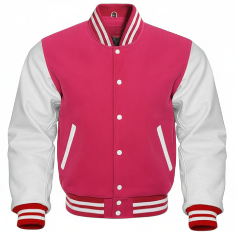 A varsity-style jacket with a Hot pink body and white sleeves, featuring red and white striped ribbed collar, cuffs, and hem, with white snap buttons.