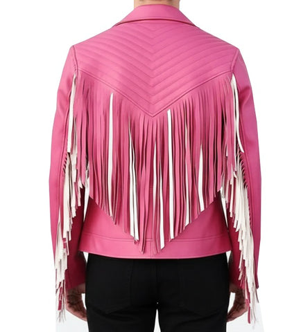 A pink faux leather jacket with white fringe detailing on the back, shown on a model from behind against a white background.