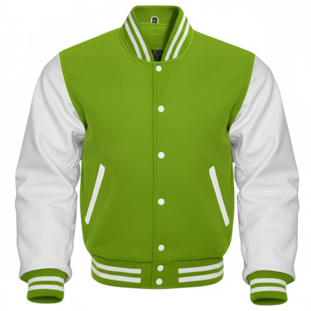 A varsity-style jacket with a Kelly green body and white sleeves, featuring white buttons, white striped ribbed collar, cuffs, and hem, shown on a plain white background.