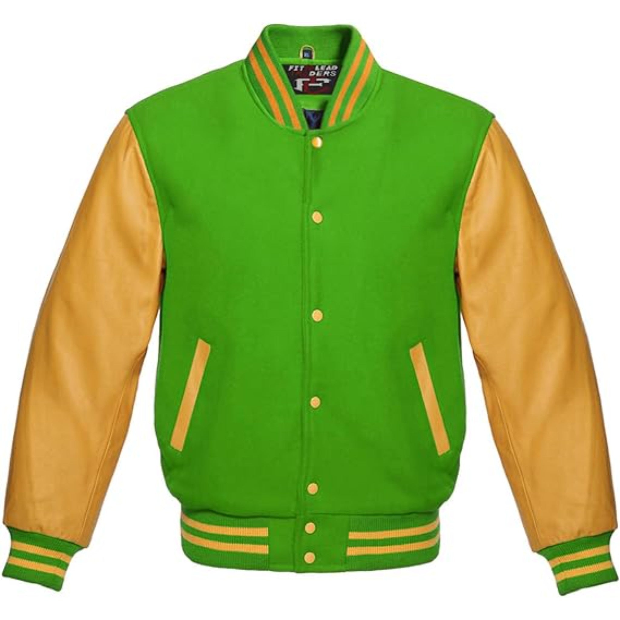 Modern Wool Bomber Jacket Gold Leather Sleeves Stylish Wear