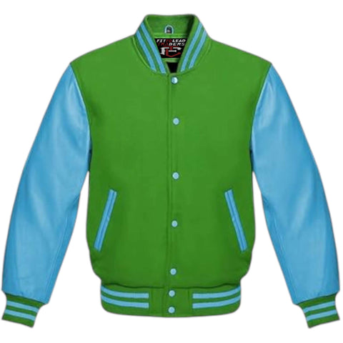 Multicolor Wool Varsity Jacket Genuine Sky Leather Sleeves