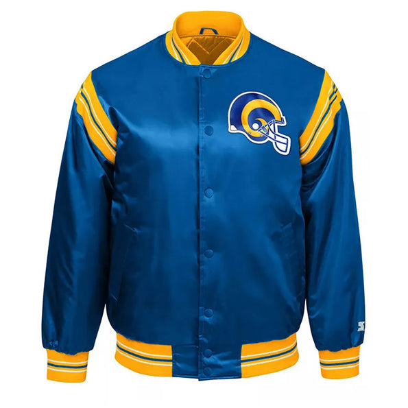 LA Rams The Enforcer Royal Blue Satin Letterman Bomber Jacket