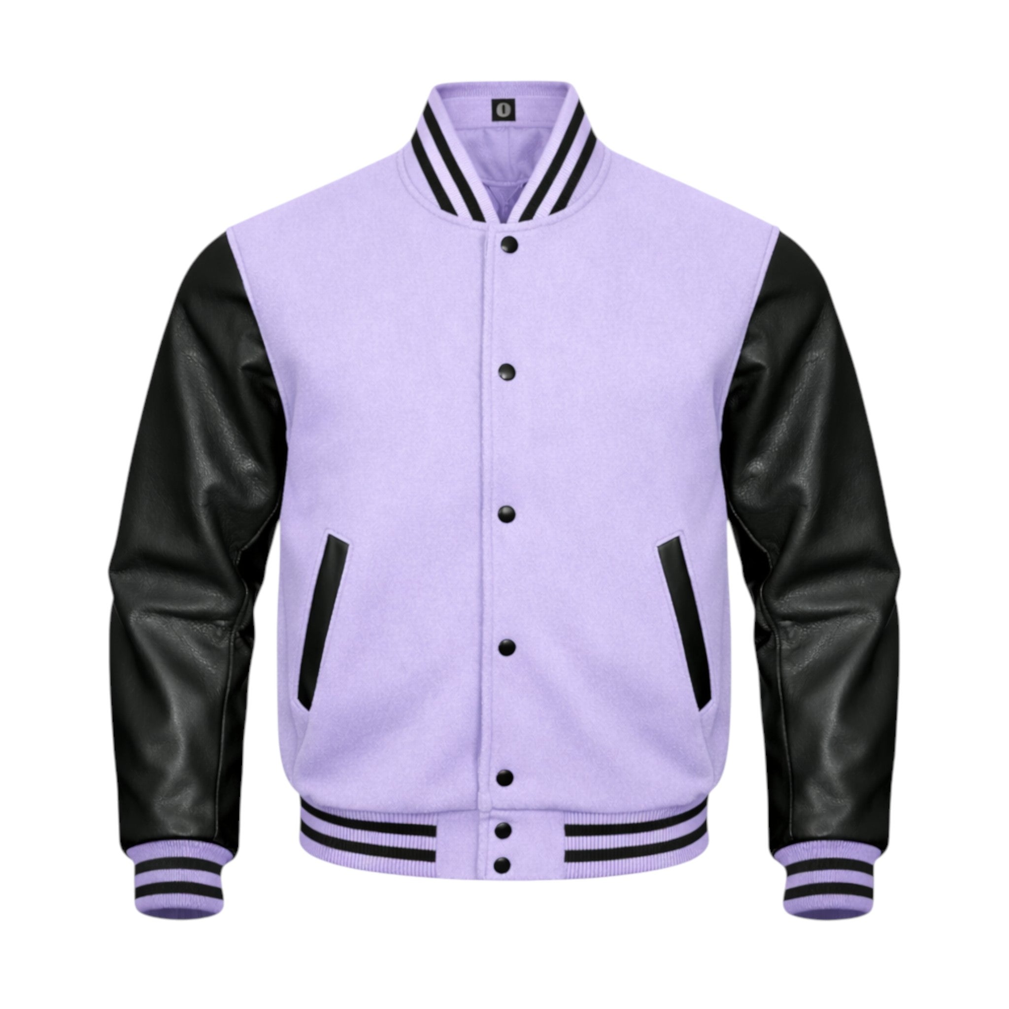 A varsity-style jacket with a Lavender body and white sleeves, featuring white stripes on the collar, cuffs, and hem, and white button closures.