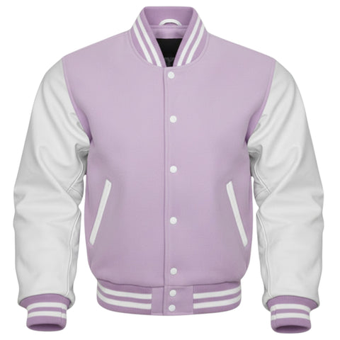 Lavender and white varsity jacket on a white background